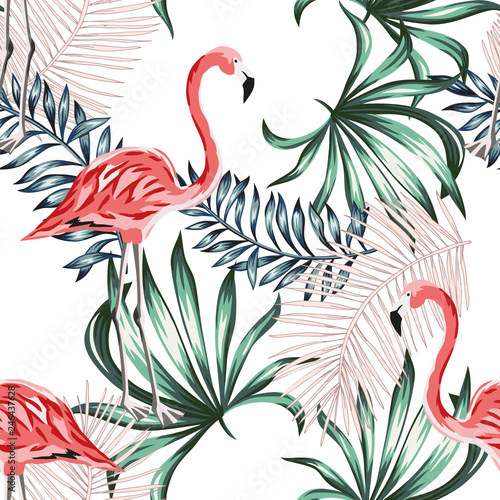 Tropical pink flamingo birds, palm leaves, white background. Vector seamless pattern. Jungle illustration. Exotic plants. Summer beach floral design. Paradise nature