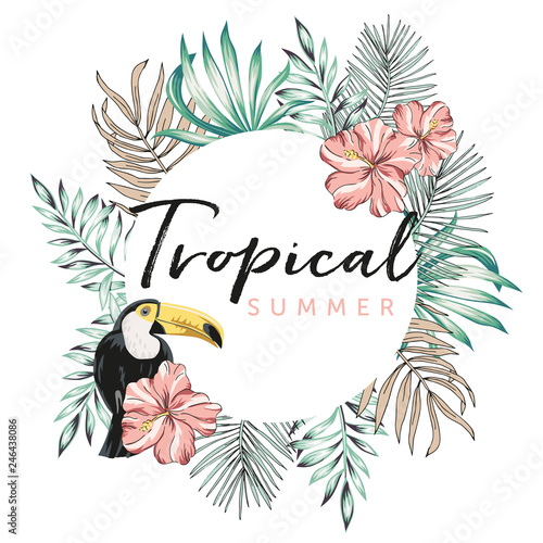 Design frame with toucan, palm leaves, text Tropical summer, white background. T shirt, card, poster template. Vector illustration. Summer beach floral design with bird