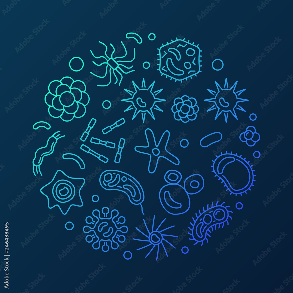Virology round vector microbiology blue illustration made with microbes and  viruses linear icons on dark background Stock Vector | Adobe Stock