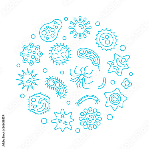 Bacteriology and microbiology round vector concept blue illustration in outline style on white background