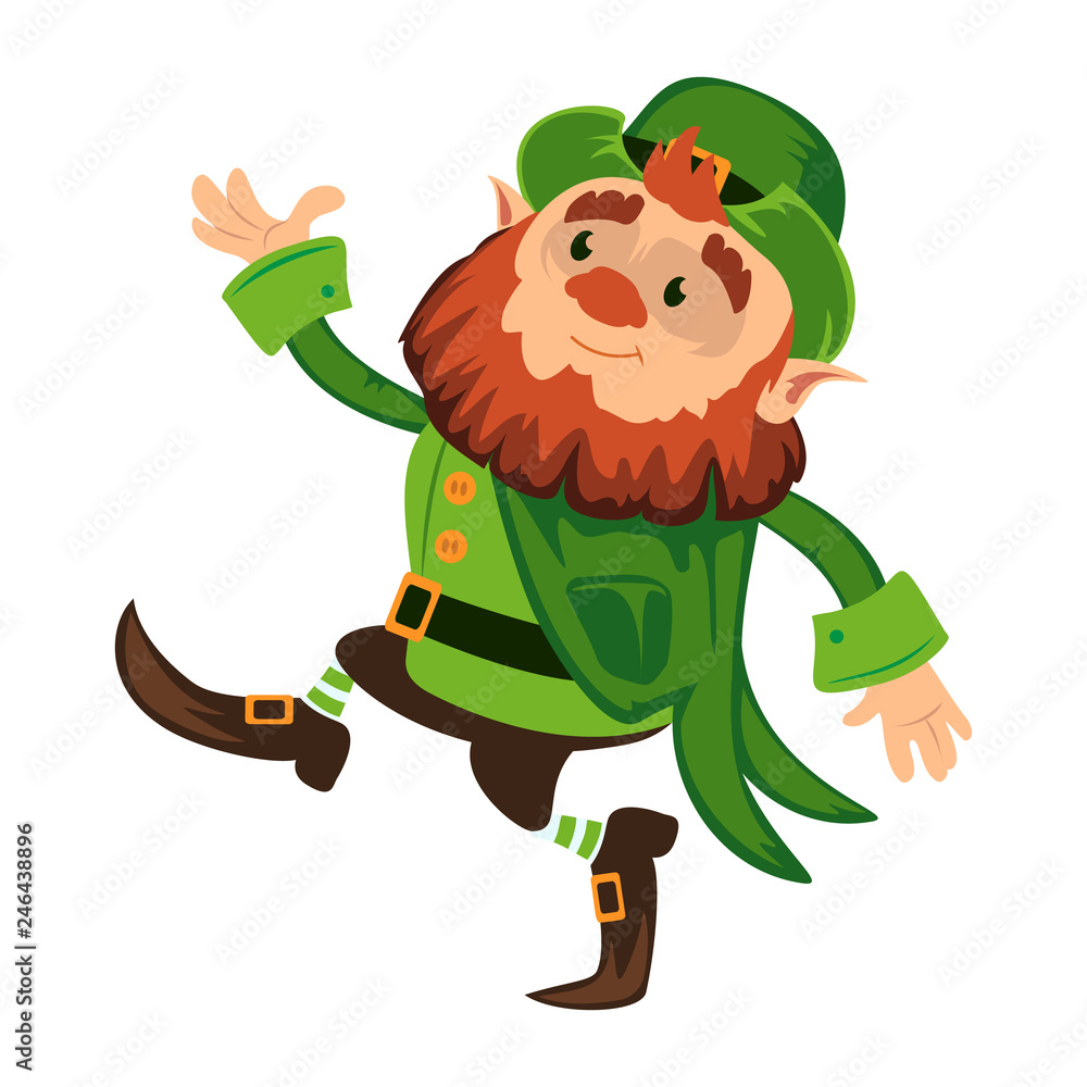 Fototapeta premium Leprechaun cartoon character or funny green dwarf vector illustration for Saint Patrick Day 17 march traditional Irish folklore Celtic mythology culture dancing with hat isolated on white background