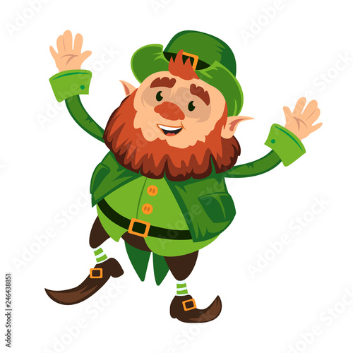 Leprechaun cartoon character or funny green dwarf vector illustration for Saint Patrick Day 17 march traditional Irish folklore Celtic mythology culture dancing with hat isolated on white background