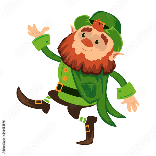Leprechaun cartoon character or funny green dwarf vector illustration for Saint Patrick Day 17 march traditional Irish folklore Celtic mythology culture dancing with hat isolated on white background