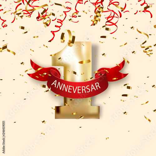 One year anniversary background with red ribbon and confetti on white. Poster or brochure template