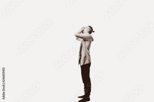 stylish man shows hands up gesture shouting out loud on white background