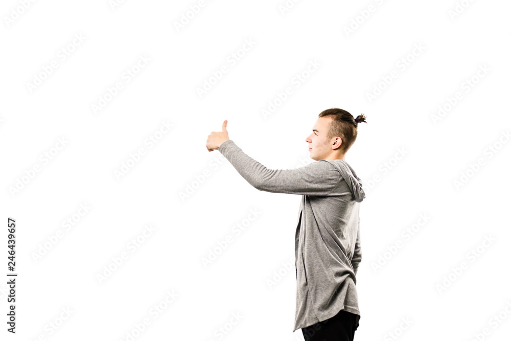 stylish man shows hand gesture ok on white background stylish man shows hand gesture ok on white background