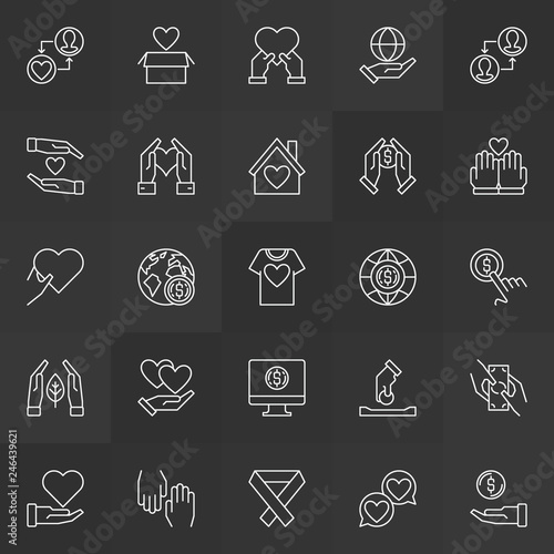 Donation and volunteer vector icons collection in thin line style on dark background