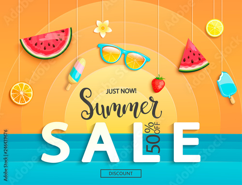 Summer sale banner with fruits, ice-cream, watermelon, orange, glasses, strawberries. Discount template card with geometric background with sun and sea. For flyer, invitation, poster, brochure. Vector