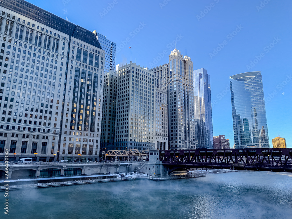 Steam risinmg from Chicago River as temperatures plunge on freezing January morning