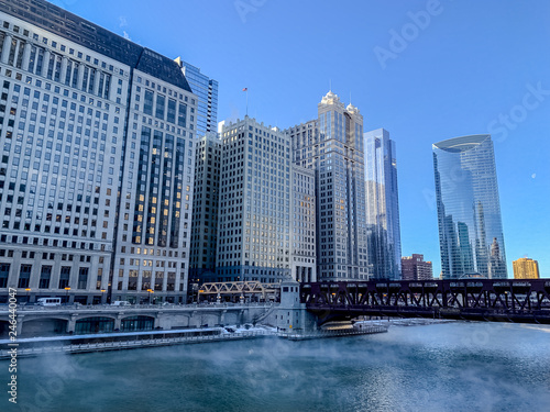 Steam risinmg from Chicago River as temperatures plunge on freezing January morning