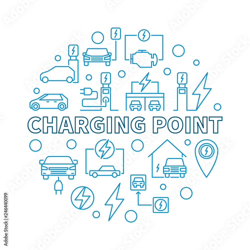 Charging point round vector blue illustration made with charging stations and electric cars outline icons