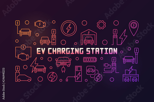 EV charging station vector outline colorful illustration. Electric vehicle charging concept horizontal banner on dark background