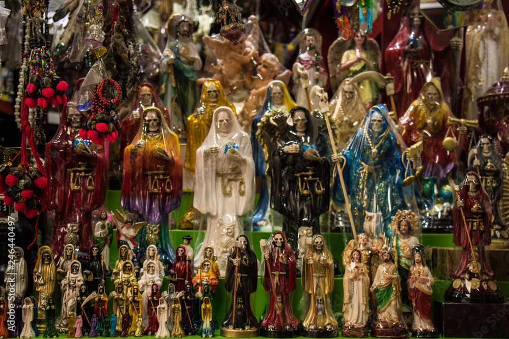 altar of many holy death in traditional market of Mexico