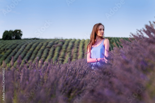 Fototapeta Naklejka Na Ścianę i Meble -  Young long hair beautiful girl standing in the middle of lavanda field