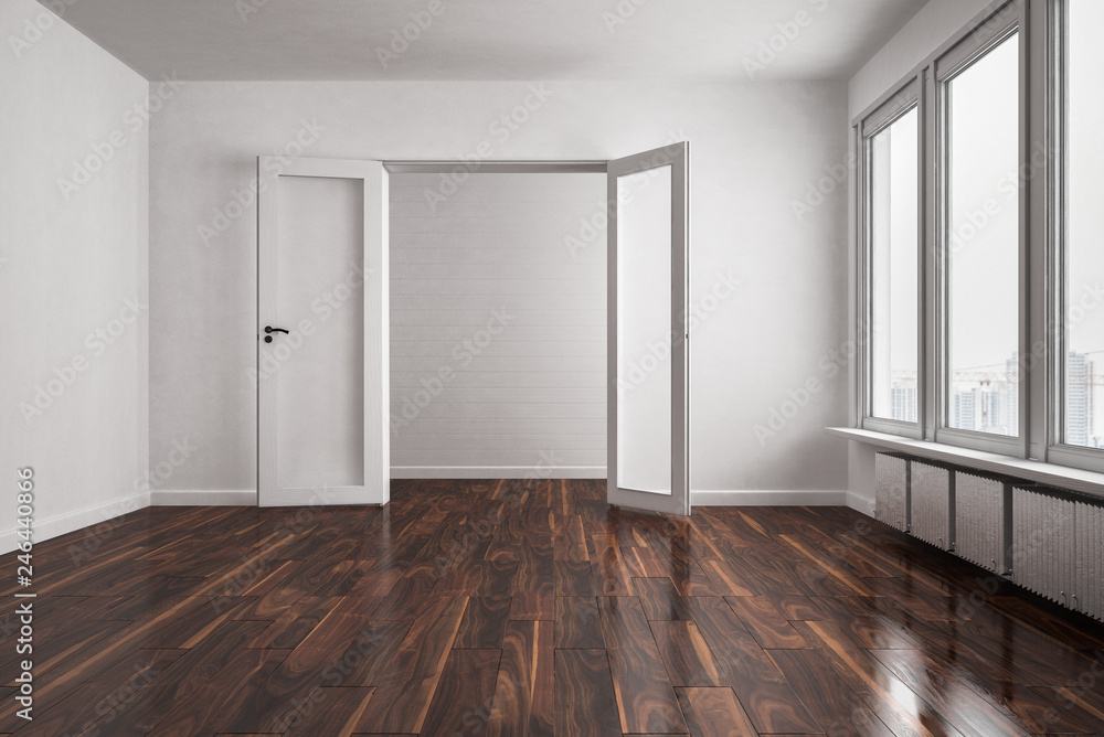 Leere Wohnung mit großer Fensterfläche und dunklem Holzfußboden Leere Wohnung mit großer Fensterfläche und dunklem Holzfußboden