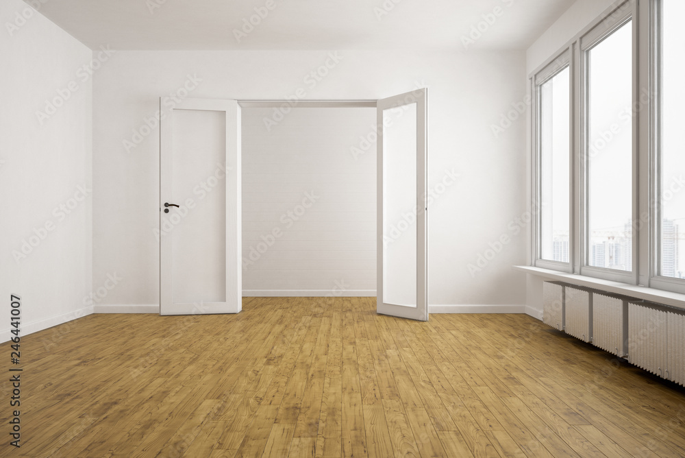 Leere Wohnung mit großer Fensterfläche und hellem Holzfußboden Leere Wohnung mit großer Fensterfläche und hellem Holzfußboden