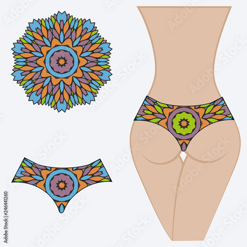 Woman panties briefs with mandala print. Flat vector iluustration. Fashion design.