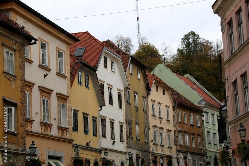 Historical buildings in central Ljubljana, Slovenia.