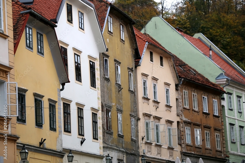 Historical buildings in central Ljubljana, Slovenia.