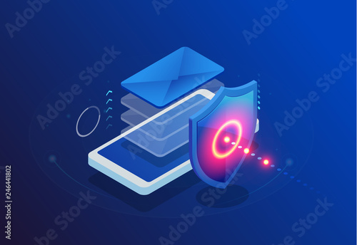 Isometric Protection network security and safe your data concept. Web page design templates Cybersecurity. Digital crime by an anonymous hacker. Vector illustration