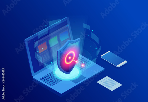 Isometric Protection network security and safe your data concept. Web page design templates Cybersecurity. Digital crime by an anonymous hacker. Vector illustration