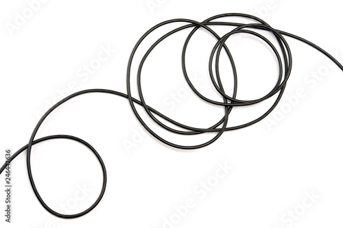 Black electric cable on white background.