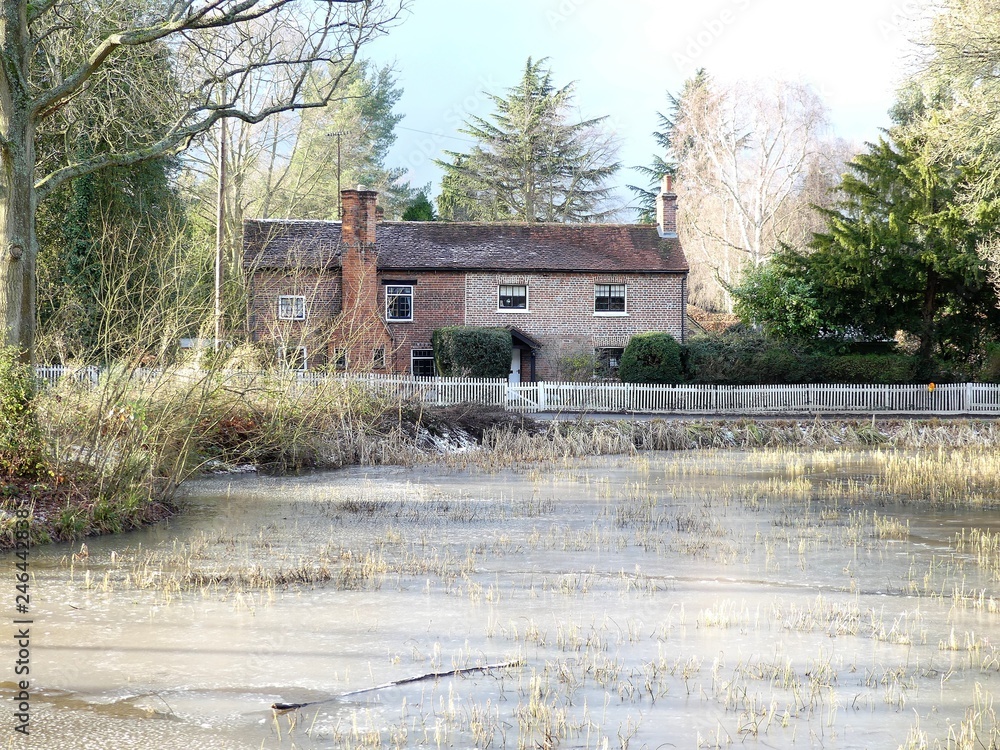 Obraz premium Top Common Pond and cottages in winter, Chorleywood Common, Hertfordshire, UK