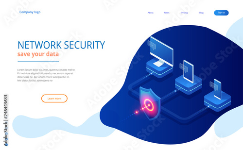 Isometric Protection network security and safe your data concept. Web page design templates Cybersecurity. Digital crime by an anonymous hacker. Vector illustration