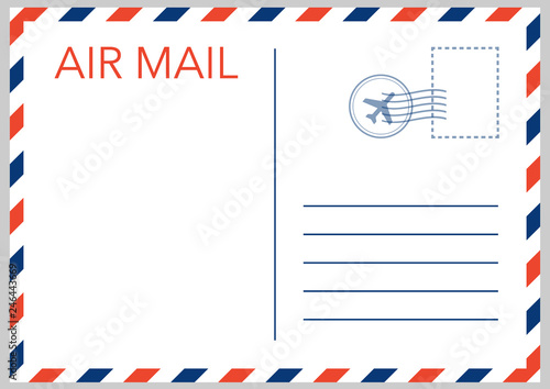 Air mail envelope with postal stamp isolated on white background. Vector illustration.