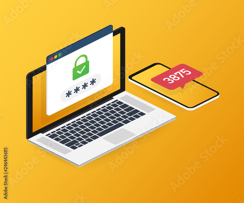 Two step authentication vector illustration, flat cartoon smartphone and computer safety login or signin. Vector illustration.