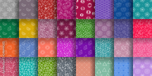 Seamless pattern collection. Colorful vector background set. Floral, fruit texture group. Hearts, sun, wave, lemon, strawberry, apple, leaf, snowflake, kiwi, triangle. Doodle sketch wallpaper