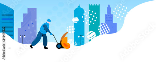 Janitor removing snow in city