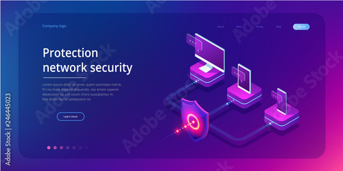 Isometric Protection network security and safe your data concept. Web page design templates Cybersecurity. Digital crime by an anonymous hacker. Vector illustration
