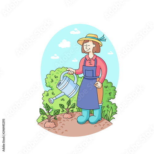Cartoon vector illustration. Gardener and garden job. Woman watering plants  with watering can Stock Vector | Adobe Stock