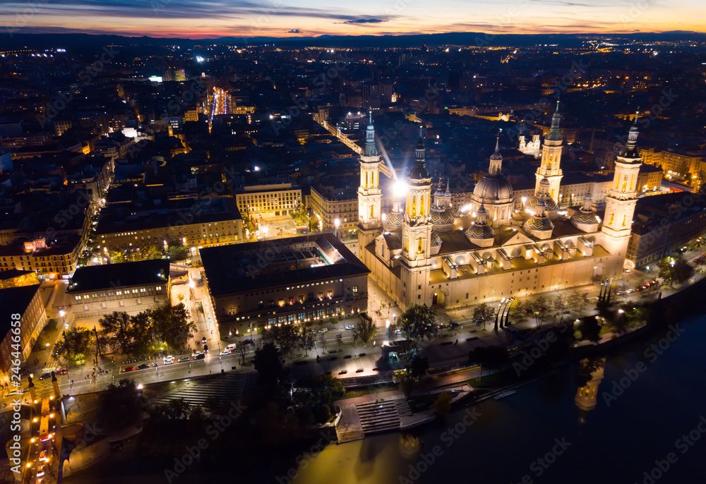 Night aerial view of Zaragoza with Basilica