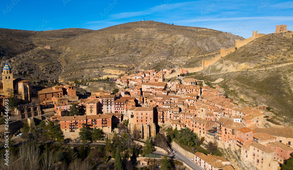 View from drone of Albarracin cityscape, Spain