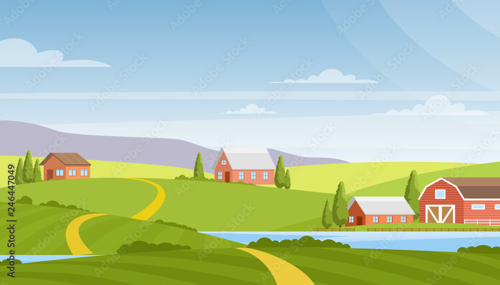 Vector illustration of beautiful rural landscape, farm and fields, river and mountains on background. Countryside concept, nature. Summer rural landscape and pastures in flat cartoon style.