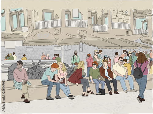 Hand drawn illustration. Crowd of people in the busy marketplace of Monastiraki Square in Greece, with storefronts behind.