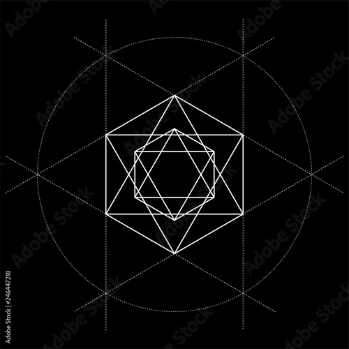 sacred geometry David Star vector illustration with construction lines on black