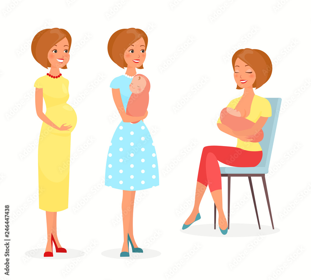 Vector illustration of pregnant woman, woman with a baby and breastfeeding. Mother with a baby, feeds baby with breast. Happy motherhood concept in flat cartoon style. Young mother. Vector illustration of pregnant woman, woman with a baby and breastfeeding. Mother with a baby, feeds baby with breast. Happy motherhood concept in flat cartoon style. Young mother.
