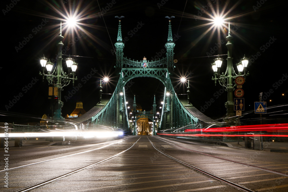 A picture of the Liberty bridge in Budapest, Hungary at night with the light traces from the cars. 