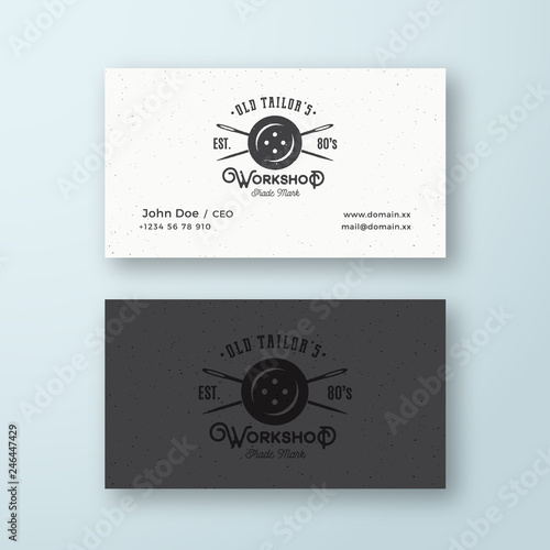 Old Tailors Workshop Vintage Sewing or Clothing Vector Logo and Business Card Template. Button and Crossed Needles Symbol with Retro Shabby Texture. Premium Stationary Realistic Mock Up.