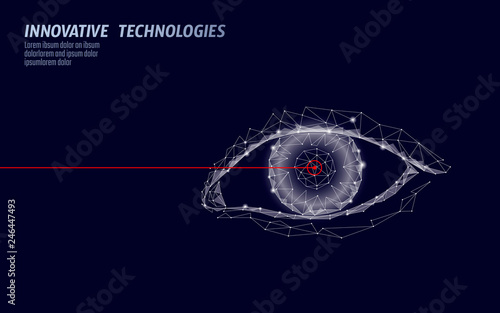 Laser vision correction 3D medical concept. Abstract human iris modern operation surgery technology low poly. Triangles polygonal rendering shape biometric identity vector illustration