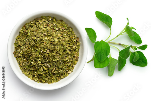 Dried chopped oregano in white ceramic bowl next to fresh oregano leaves isolated on white from above. photo
