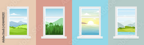 Vector illustration set of windows with different landscapes. Town and sea, forest and mountains views from the windows in flat cartoon style.