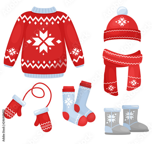 Vector illustration of winter clothes collection. Knitted hat and scarf, socks, hand gloves, sweater in Christmas style isolated on white background in cartoon flat style.