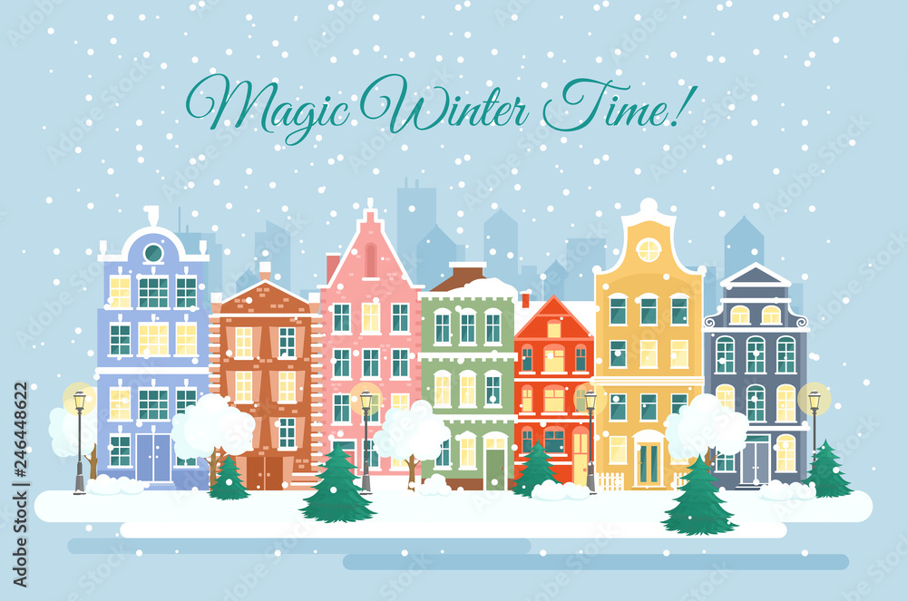 Vector illustration of the town in wintertime, snow falling. colorful houses in snow, winter holidays concept in cartoon flat style for greeting cards.