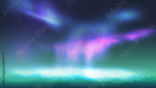 Colorful northern lights aurora borealis in night sky. Winter mountains vector illustration