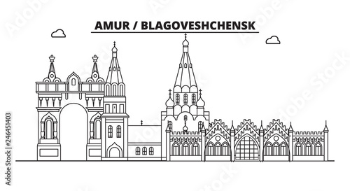 Russia, Blagoveshchensk. City skyline: architecture, buildings, streets, silhouette, landscape, panorama, landmarks. Editable strokes. Flat design, line vector illustration concept. Isolated icons