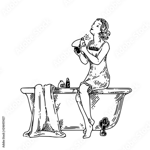 Girl sitting on the edge of the bath and use perfume. Engraving style. Vector illustration.